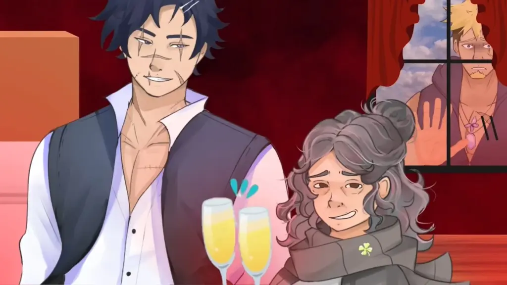 Disaster Date Roulette Valentine's Day Movie Still. Abby and Thomas enjoying drinks together with John outside upset.

