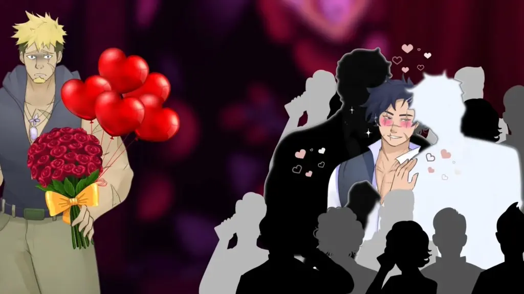 Disaster Date Roulette Valentine's Day Movie Still. John holding roses and balloons for Thomas who was surrounded by men.
