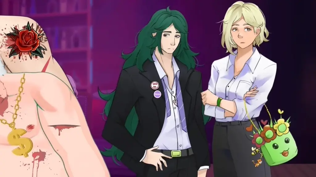 Disaster Date Roulette Valentine's Day Movie Still. Wagner and Scarlett next to a big guy who got beat up.
