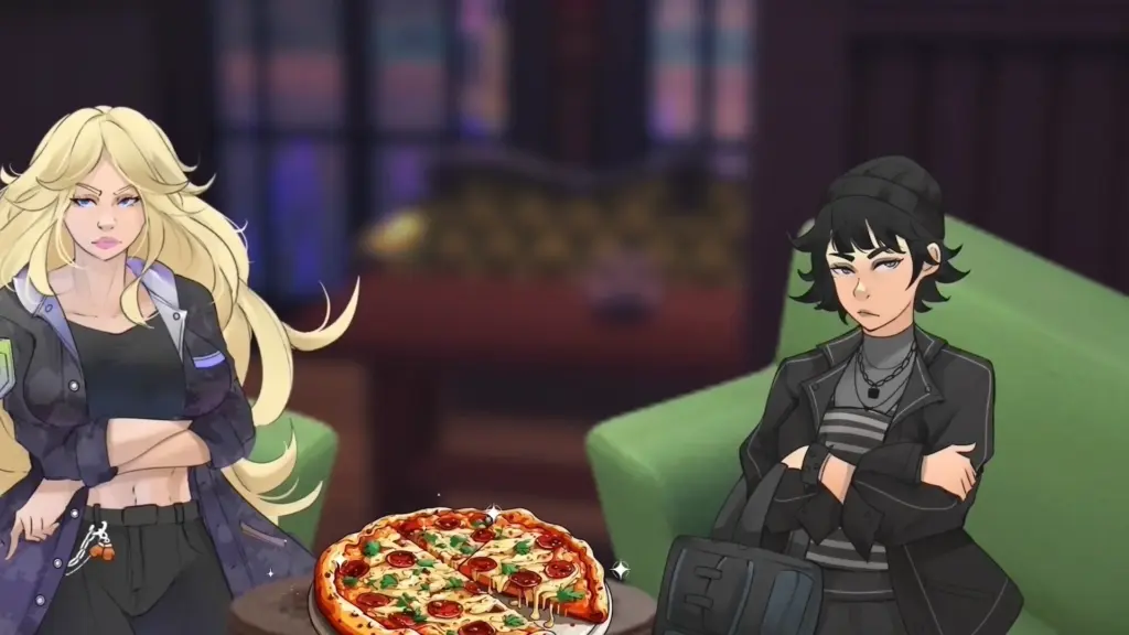 Disaster Date Roulette Valentine's Day Movie Still. Amy and Mi eating pizza.
