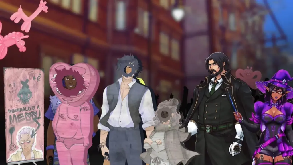 Disaster Date Roulette Valentine's Day Movie Still. Cutouts of Heart Guy, Thomas and Abby.
