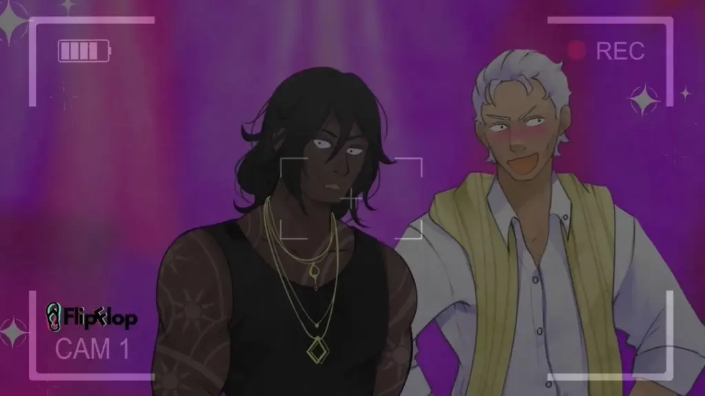 Disaster Date Roulette Valentine's Day Movie Still. Clyde stressed on camera with a blushing Reginald beside him.
