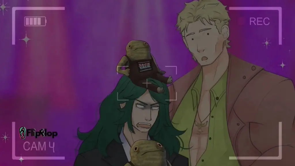 Disaster Date Roulette Valentine's Day Movie Still. Wagner screaming at camera with a frog toy on his head and a worried Damien in the background.
