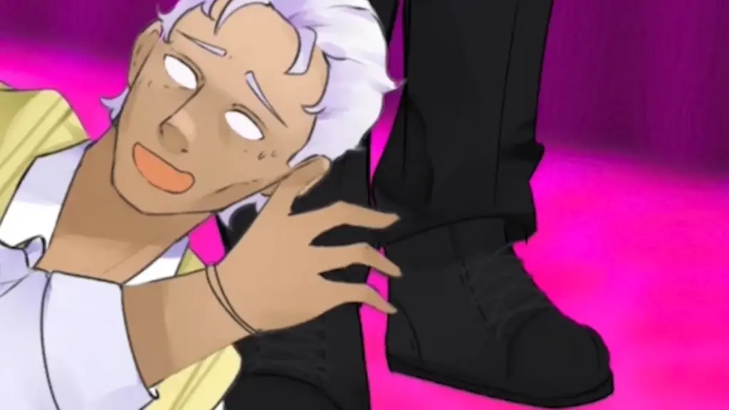 Disaster Date Roulette Valentine's Day Movie Still. Reginald holding onto Clyde's feet.
