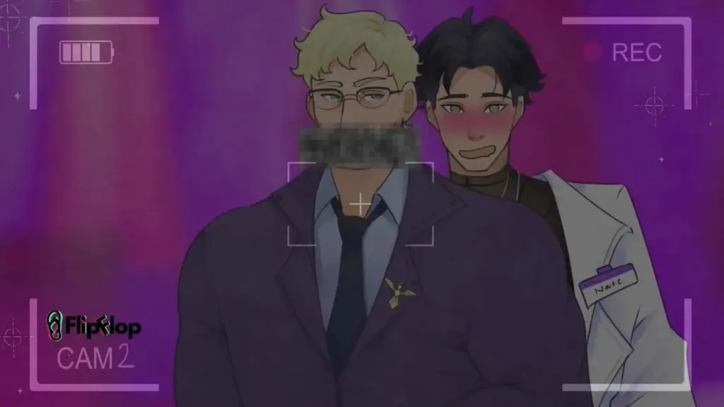 Disaster Date Roulette Valentine's Day Movie Still. Conrad censored giving answer on camera with blushing Nate in the background.
