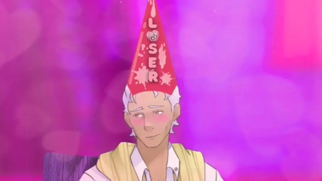 Disaster Date Roulette Valentine's Day Movie Still. Reginald with a loser cap on his head.
