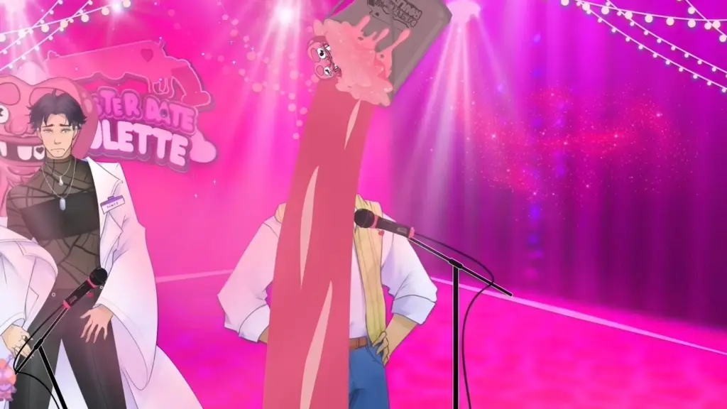 Disaster Date Roulette Valentine's Day Movie Still. Nate standing by Reginald as pink goo pours over him.
