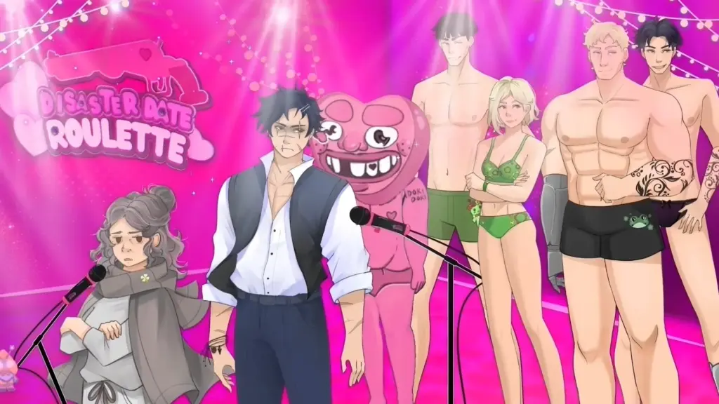 Disaster Date Roulette Valentine's Day Movie Still. Thomas and Abby presenting Alliard, Scarlett, Conrad and Nate in underwear.
