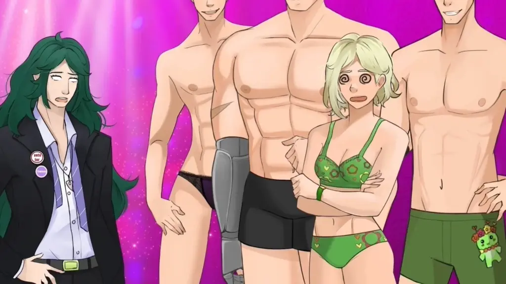 Disaster Date Roulette Valentine's Day Movie Still. Nate, Conrad, Scarlett and Alliard in underwear as Wagner scolds them.
