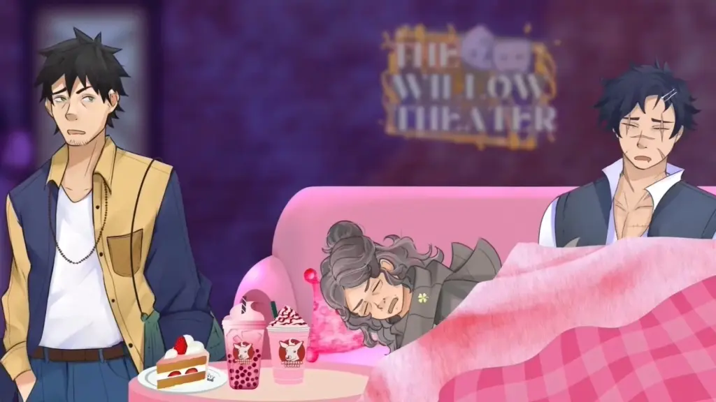 Disaster Date Roulette Valentine's Day Movie Still. Abby under covers next to Thomas on a couch with Drake standing beside them.
