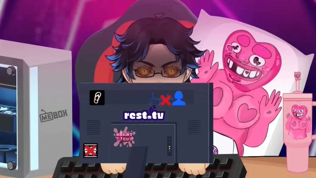 Disaster Date Roulette Valentine's Day Movie Still. Tucker editing on computer with Heart Guy body pillow next to him.
