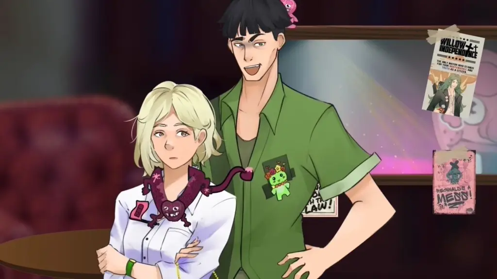 Disaster Date Roulette Valentine's Day Movie Still. Scarlett with weird Heart Guy scarf.
