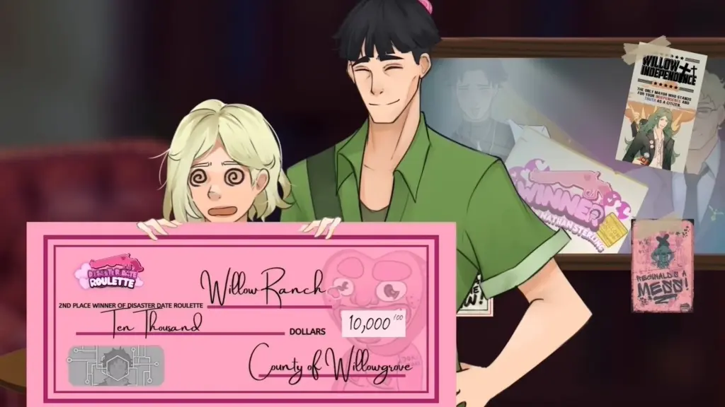 Disaster Date Roulette Valentine's Day Movie Still. Scarlett holding her second prize winning check next to Alliard.
