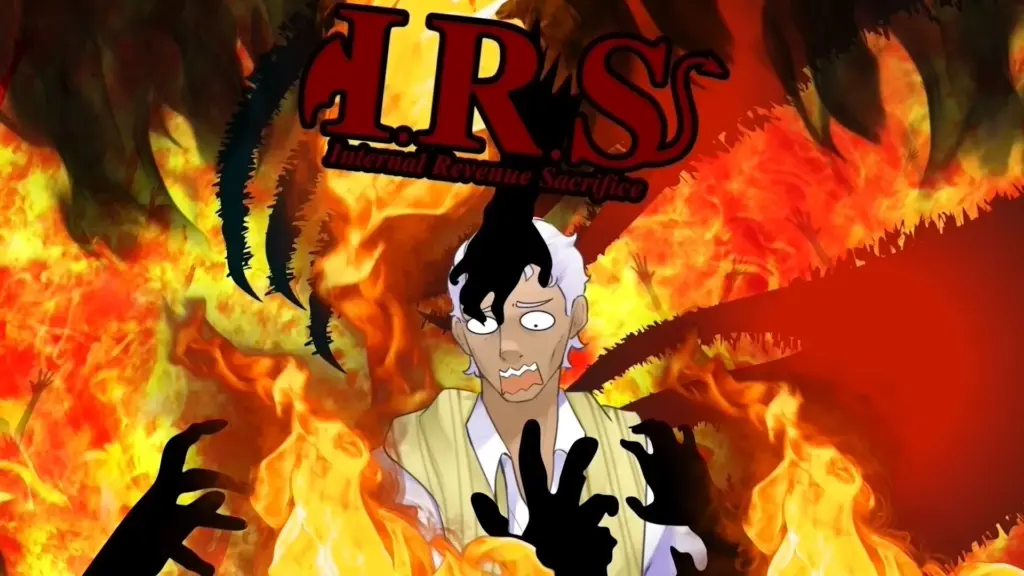 Disaster Date Roulette Valentine's Day Movie Still. Reginald burning with the IRS.
