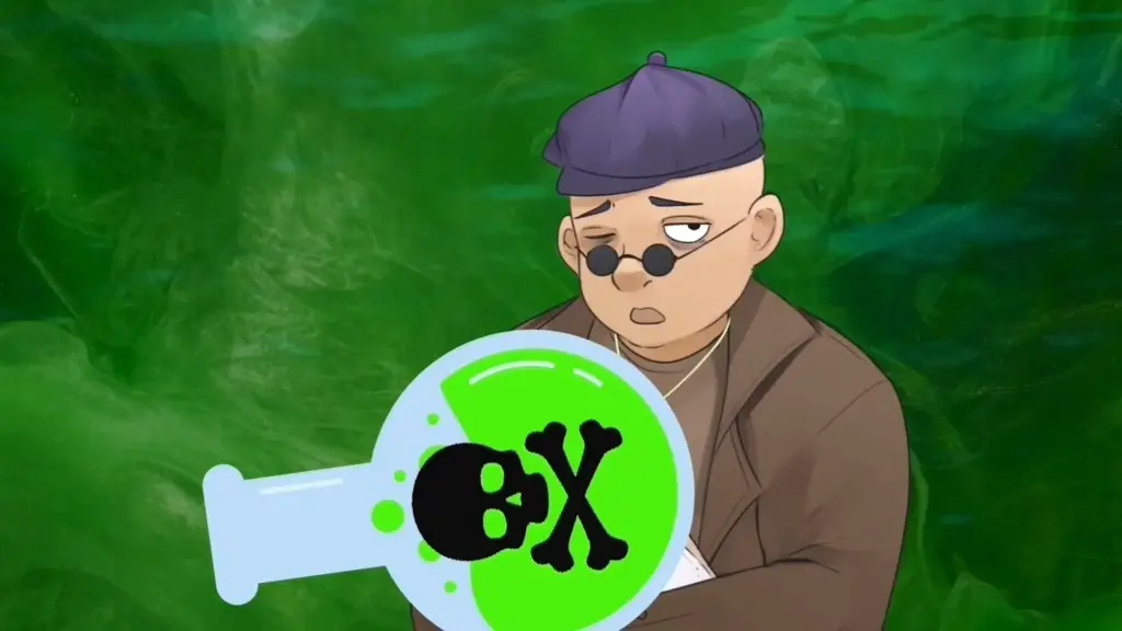 Disaster Date Roulette Valentine's Day Movie Still. Grev holding a green poison flask.
