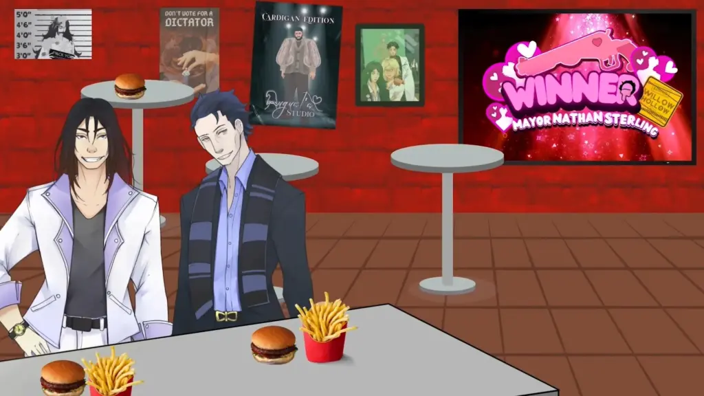 Disaster Date Roulette Valentine's Day Movie Still. Christopher and Alexander eating at the Silver Burnt Onion.