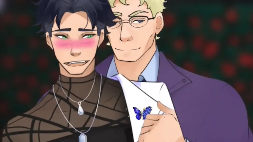 Disaster Date Roulette Valentine's Day Movie Still. Nate blushing next to Conrad.
