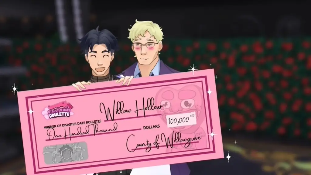 Disaster Date Roulette Valentine's Day Movie Still. Nate showing off winning check next to Conrad.
