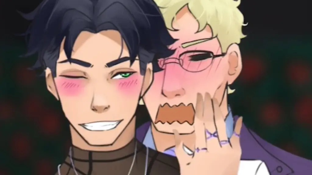 Disaster Date Roulette Valentine's Day Movie Still. Nate petting a blushing Conrad's face.
