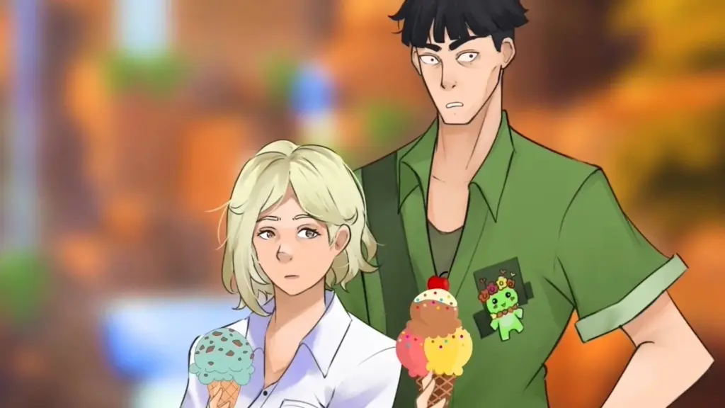 Disaster Date Roulette Valentine's Day Movie Still. Scarlett eating ice cream next to Alliard.
