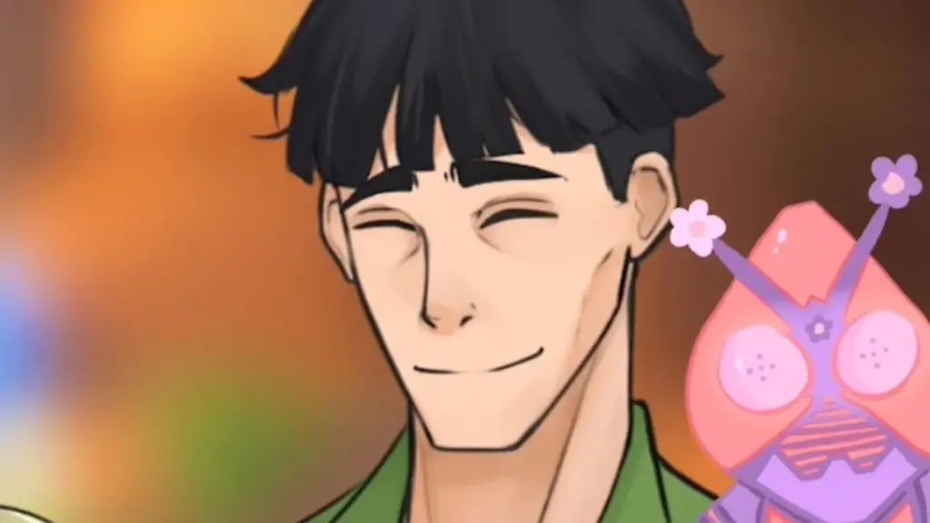 Disaster Date Roulette Valentine's Day Movie Still. Alliard smiling with Super Flower-chan figure in the corner.
