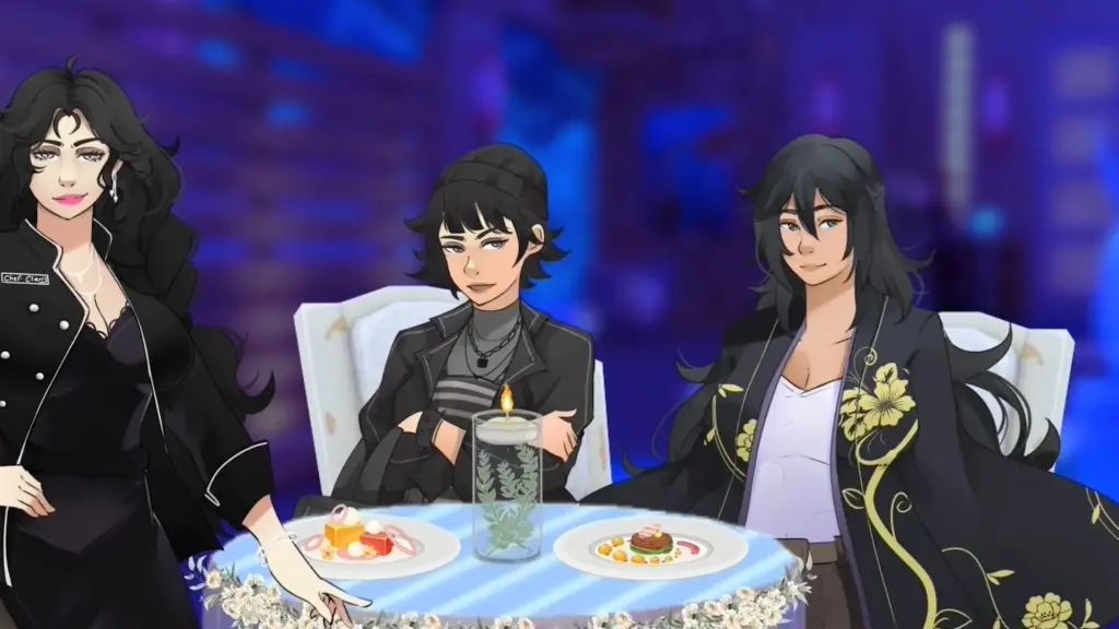 Disaster Date Roulette Valentine's Day Movie Still. Claris serving Mi and Ericka food.
