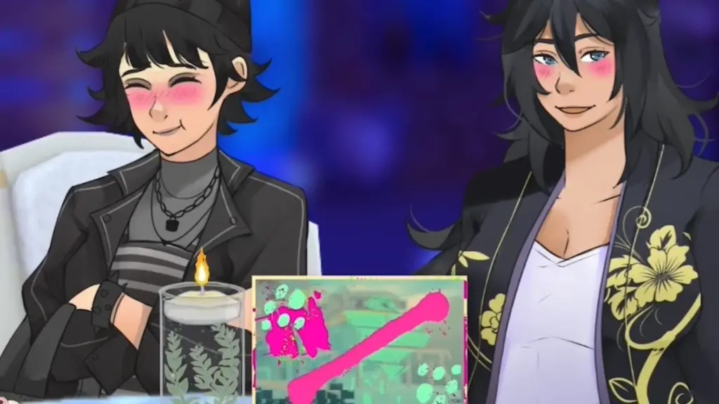 Disaster Date Roulette Valentine's Day Movie Still. Mi blushing showing Ericka her graffiti painting.