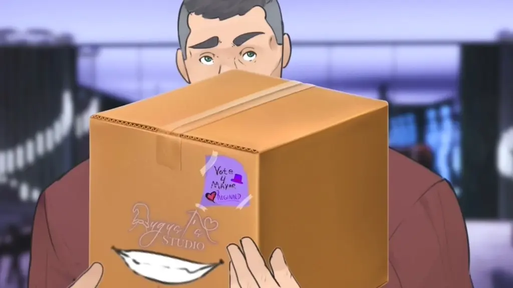 Disaster Date Roulette Valentine's Day Movie Still. Beverly carrying a package.