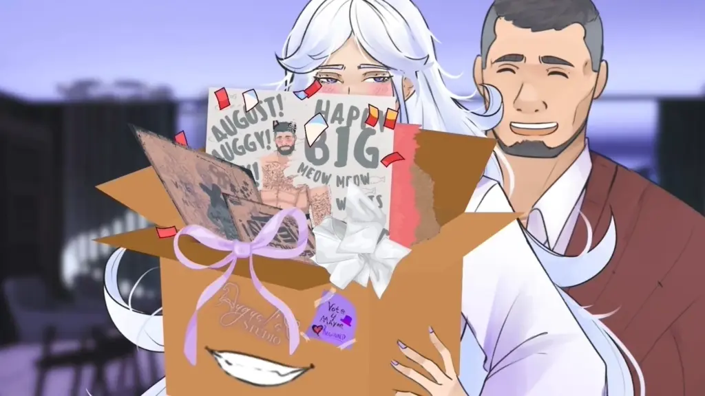 Disaster Date Roulette Valentine's Day Movie Still. August carrying a box of Beverly paintings.