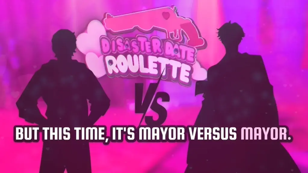 Disaster Date Roulette Valentine's Day Movie Still. Ad for game show describing that it's a mayor vs mayor show.
