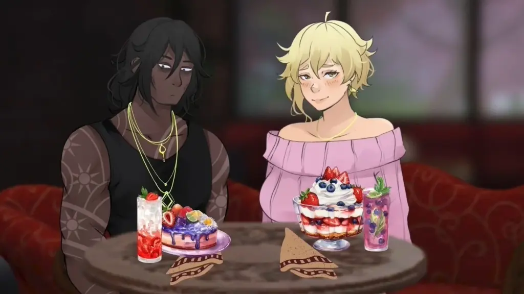 Disaster Date Roulette Valentine's Day Movie Still. Clyde eating cake with Patti.