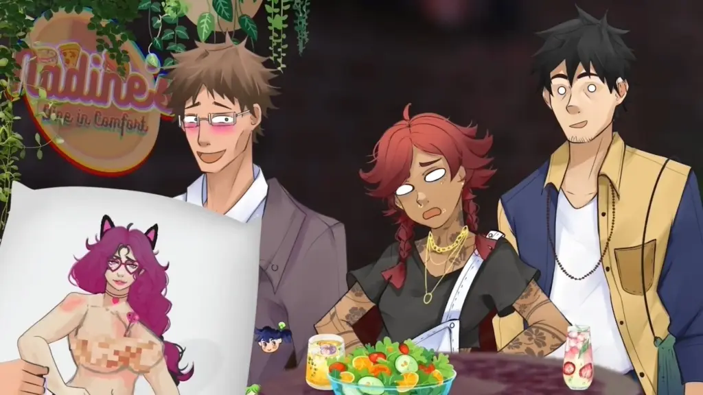 Disaster Date Roulette Valentine's Day Movie Still. Logan holding a hentai pillow while Chappy and Drake are shocked.