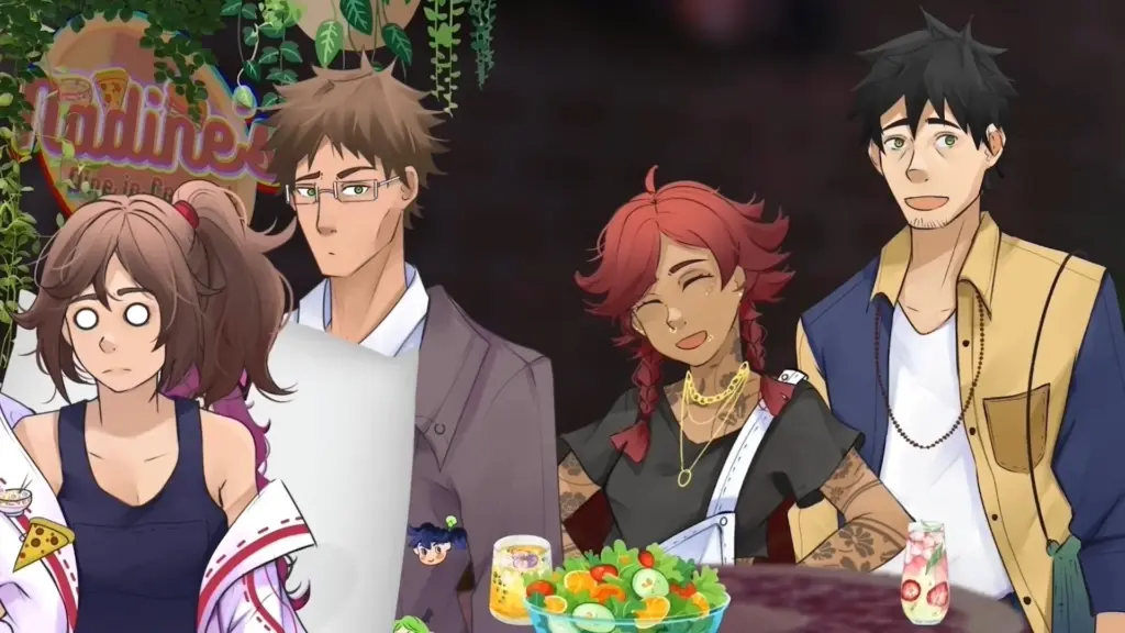 Disaster Date Roulette Valentine's Day Movie Still. Nadine shocked next to Logan as Chappy and Drake eat a salad.
