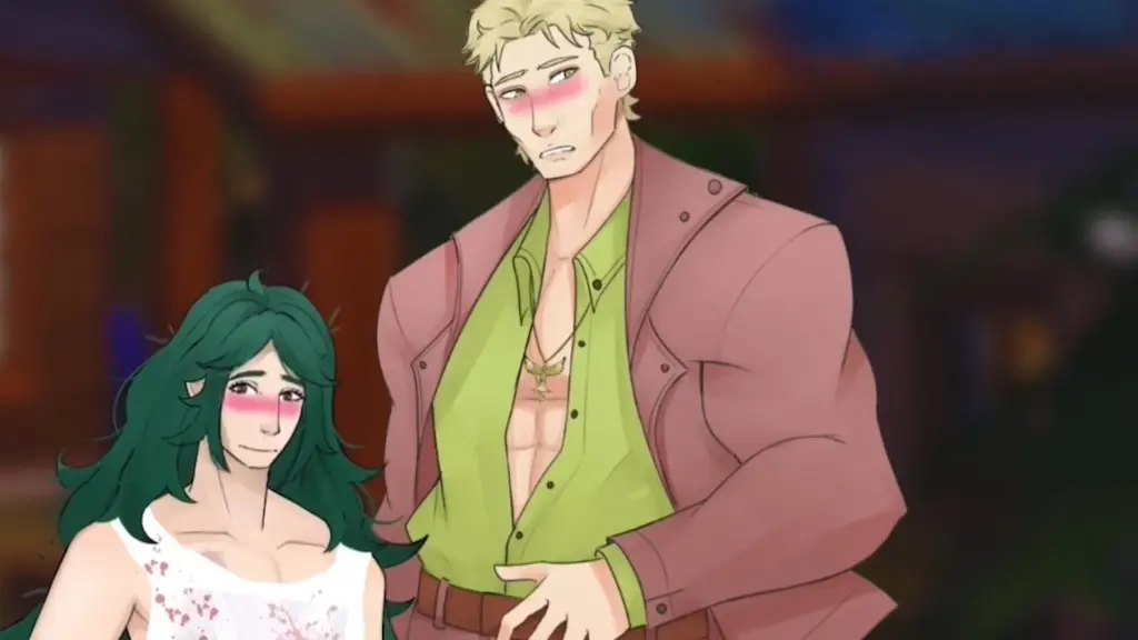 Disaster Date Roulette Valentine's Day Movie Still. Wagner blushing next to Damien.