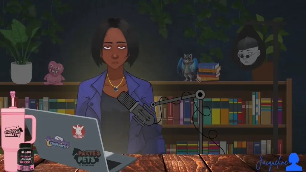 Disaster Date Roulette Valentine's Day Movie Still. Jacqueline reporting on her show.