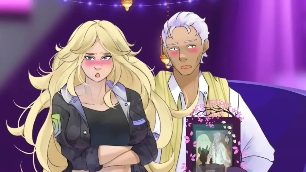 Disaster Date Roulette Valentine's Day Movie Still. Amy and Reginald  having a cute moment together with a photograph.