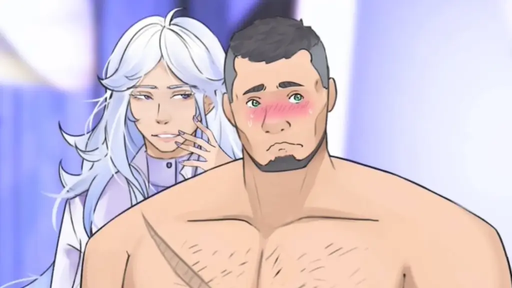 Disaster Date Roulette Valentine's Day Movie Still. Beverly blushing as August giggles behind him.
