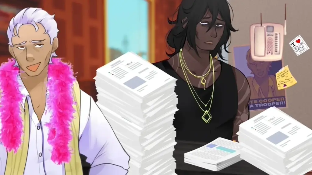 Disaster Date Roulette Valentine's Day Movie Still. Reginald wearing a pink scarf as Clyde is stressed over stacked papers.

