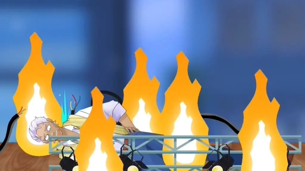 Disaster Date Roulette Valentine's Day Movie Still. Reginald on fire.
