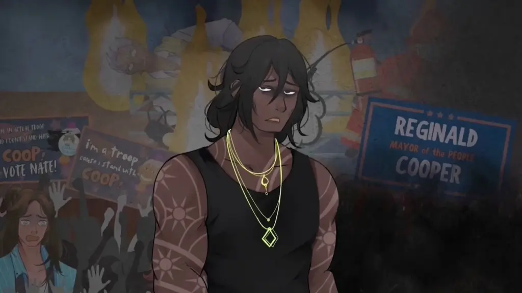 Disaster Date Roulette Valentine's Day Movie Still. Clyde stressed as he watches the stage burn.
