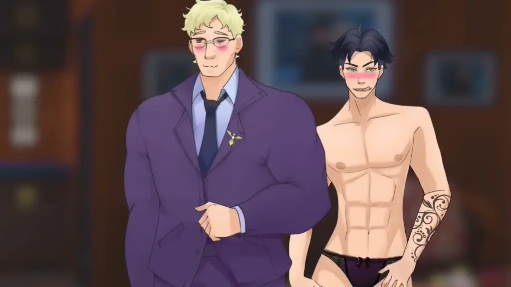 Disaster Date Roulette Valentine's Day Movie Still. Nate stripping as Conrad blushes.
