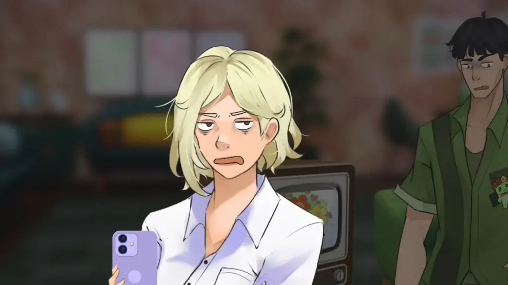 Disaster Date Roulette Valentine's Day Movie Still. Scarlett angry on the phone as Alliard watches TV in the background.
