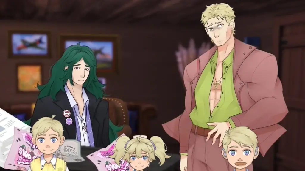 Disaster Date Roulette Valentine's Day Movie Still. Wagner and Damien chat as their kids run around.
