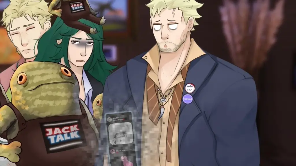 Disaster Date Roulette Valentine's Day Movie Still. Jackie showing off taboo fanart of him and Wagner.
