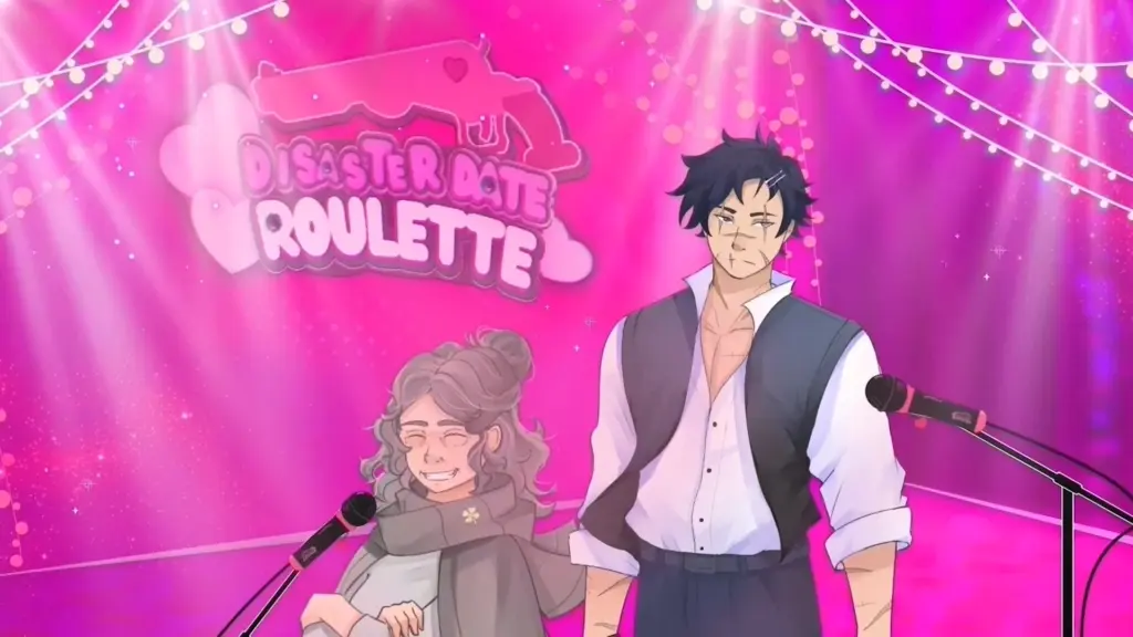 Disaster Date Roulette Valentine's Day Movie Still. Abby and Thomas excited on stage.
