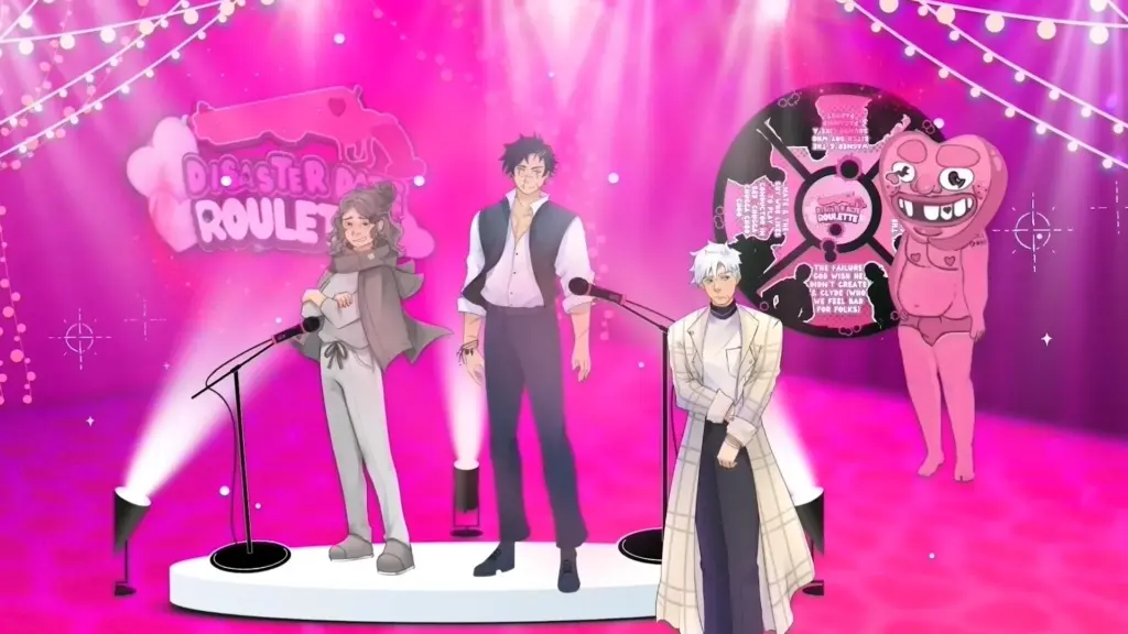 Disaster Date Roulette Valentine's Day Movie Still. Abby and Thomas announcing games as Ken and Heart Guy react in the back.
