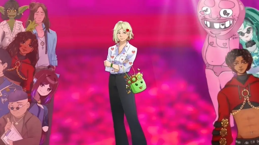 Disaster Date Roulette Valentine's Day Movie Still. Scarlett walking down theater floor.
