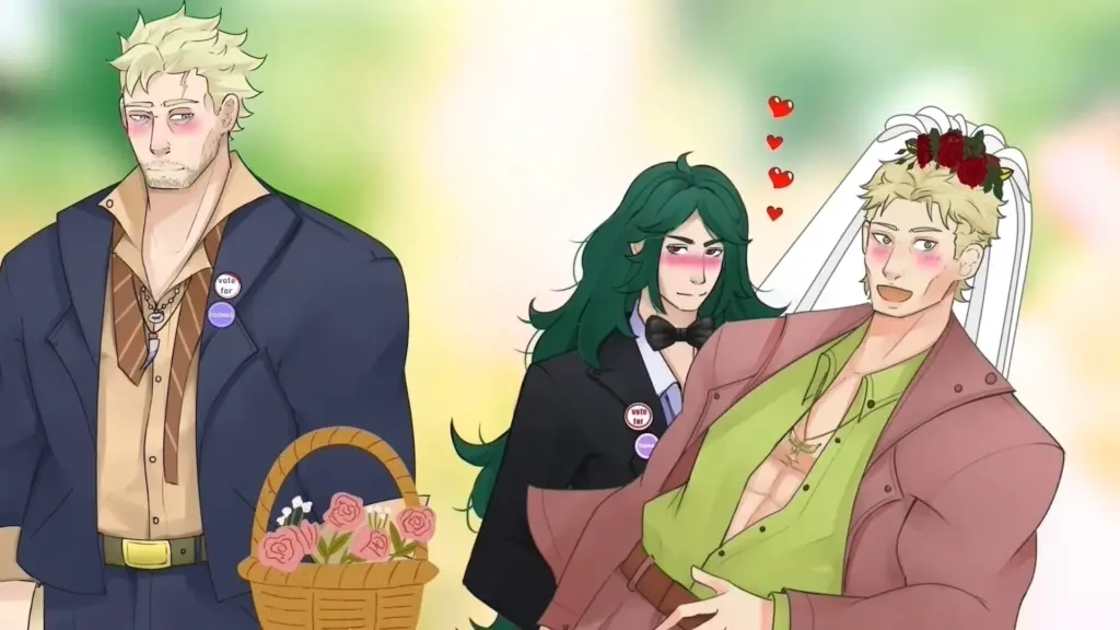 Disaster Date Roulette Valentine's Day Movie Still. Jackie as a flower girl and Wagner holding Damien.
