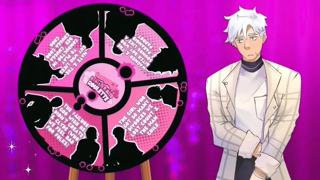 Disaster Date Roulette Valentine's Day Movie Still. Ken next to wheel determining questions.
