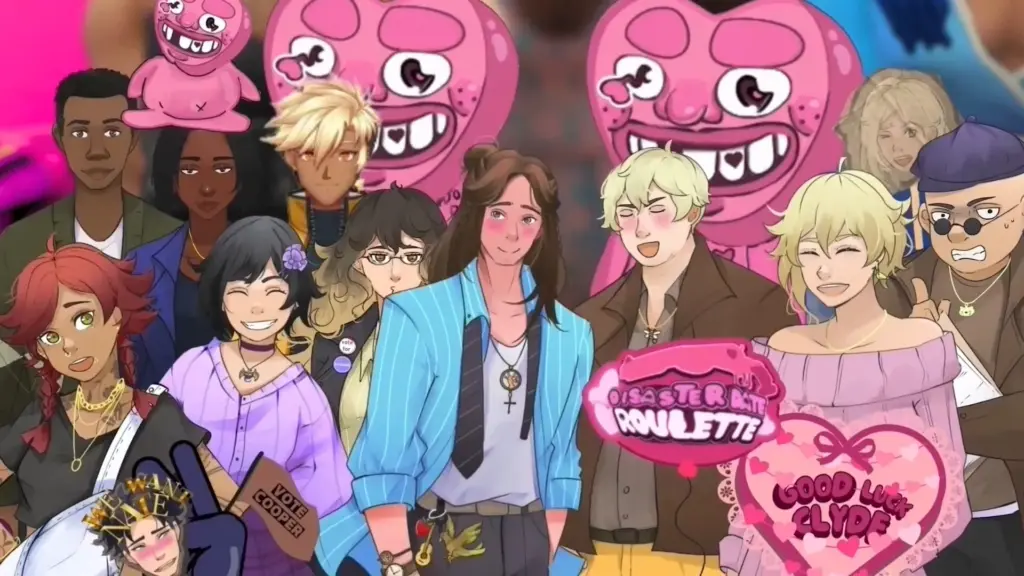 Disaster Date Roulette Valentine's Day Movie Still. Audience surrounded by Heart Guys.

